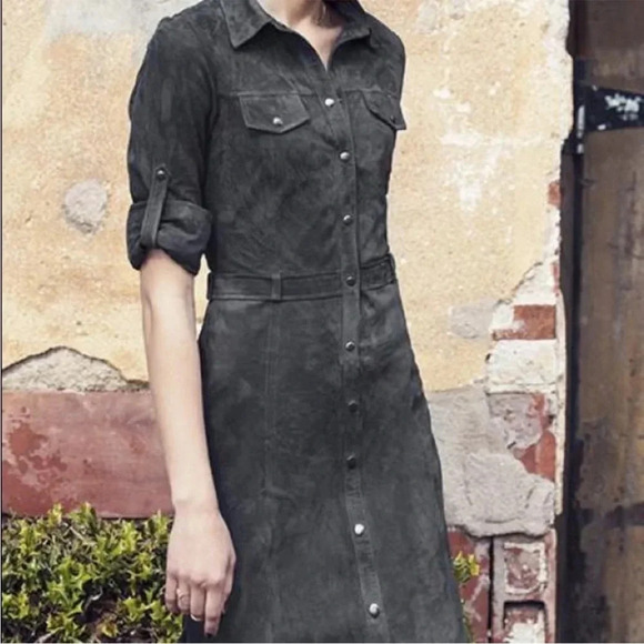 AS by DF Dresses & Skirts - AS by DF Cadet Gray Suede Leather Button Down Sheath Shirt Dress